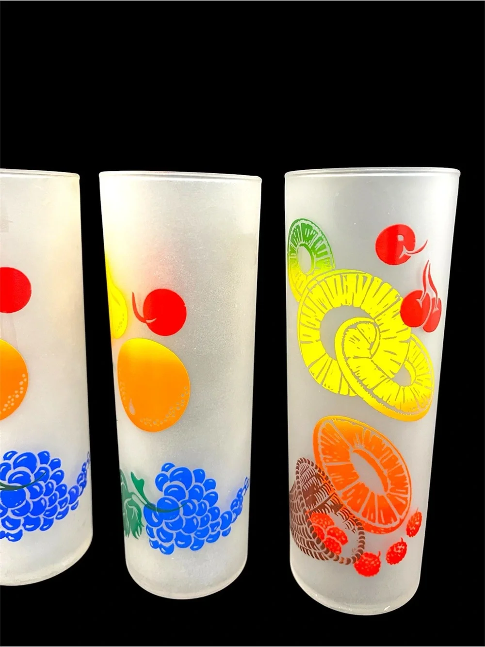 Vintage Federal Glass Collins Glasses Set of 4 Colorful Fruit Frosted Tumbler